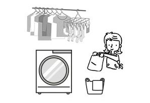 洗濯機ヨコのハンガー掛けと棚で時短　イメージイラスト